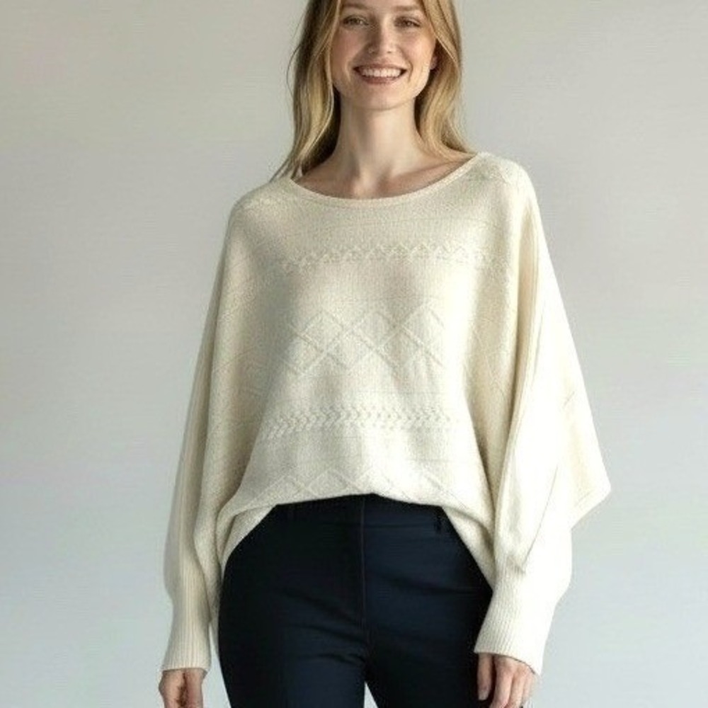 Liz Claiborne Cream‎ Cable Knit Diamond Pattern Boat Neck Poncho Sweater 2X